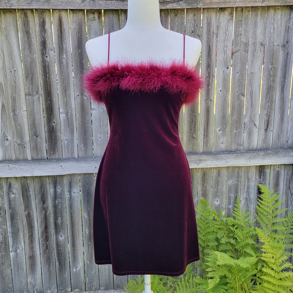 Vintage 90's Velvet Spaghetti Strap Mini dress with feathers